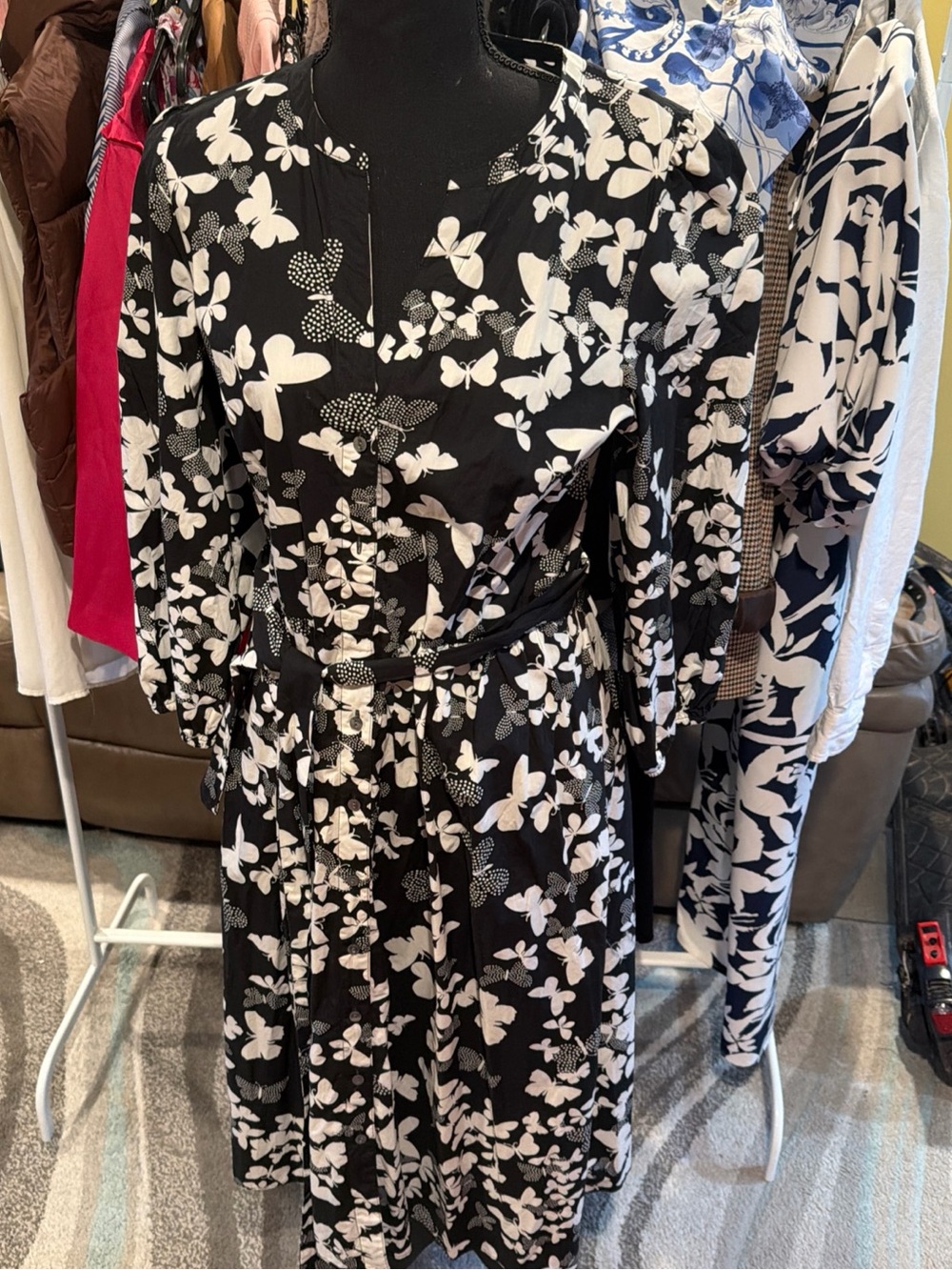 Talbots Black and White Butterfly Print Belted Dress